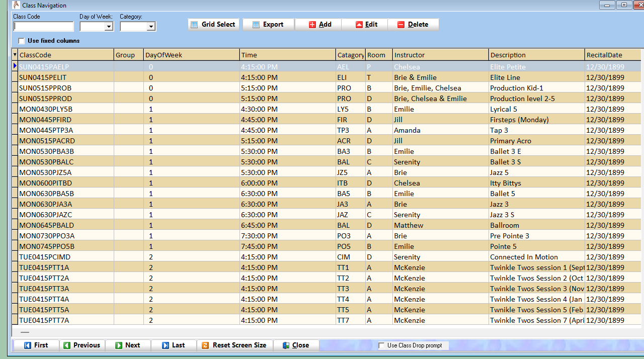 Dance Manager class navigation screen